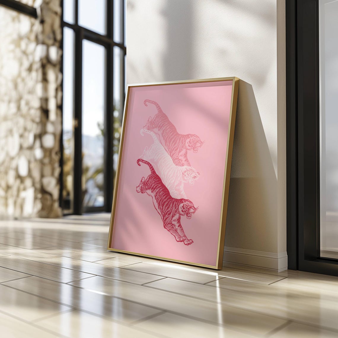 Pink Tiger Trio Preppy Gradient Jungle Cat Dance Party Wall Art - Image 2