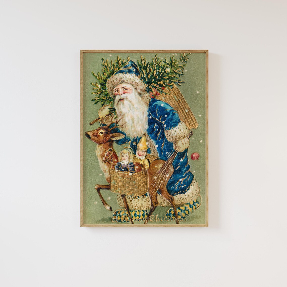 Vintage Santa Claus Blue Coat Reindeer Christmas Merry Poster - Image 3