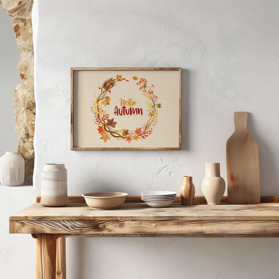 Hello Autumn Watercolor Wreath Fall Leaves Warm Seasonal Poster - Image 2