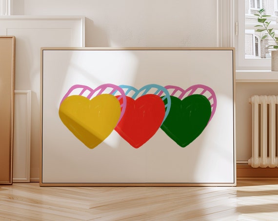 Colorful Hearts Art Bedroom Wall Dopamine Decor Valentines Day Heart Illustration Naive