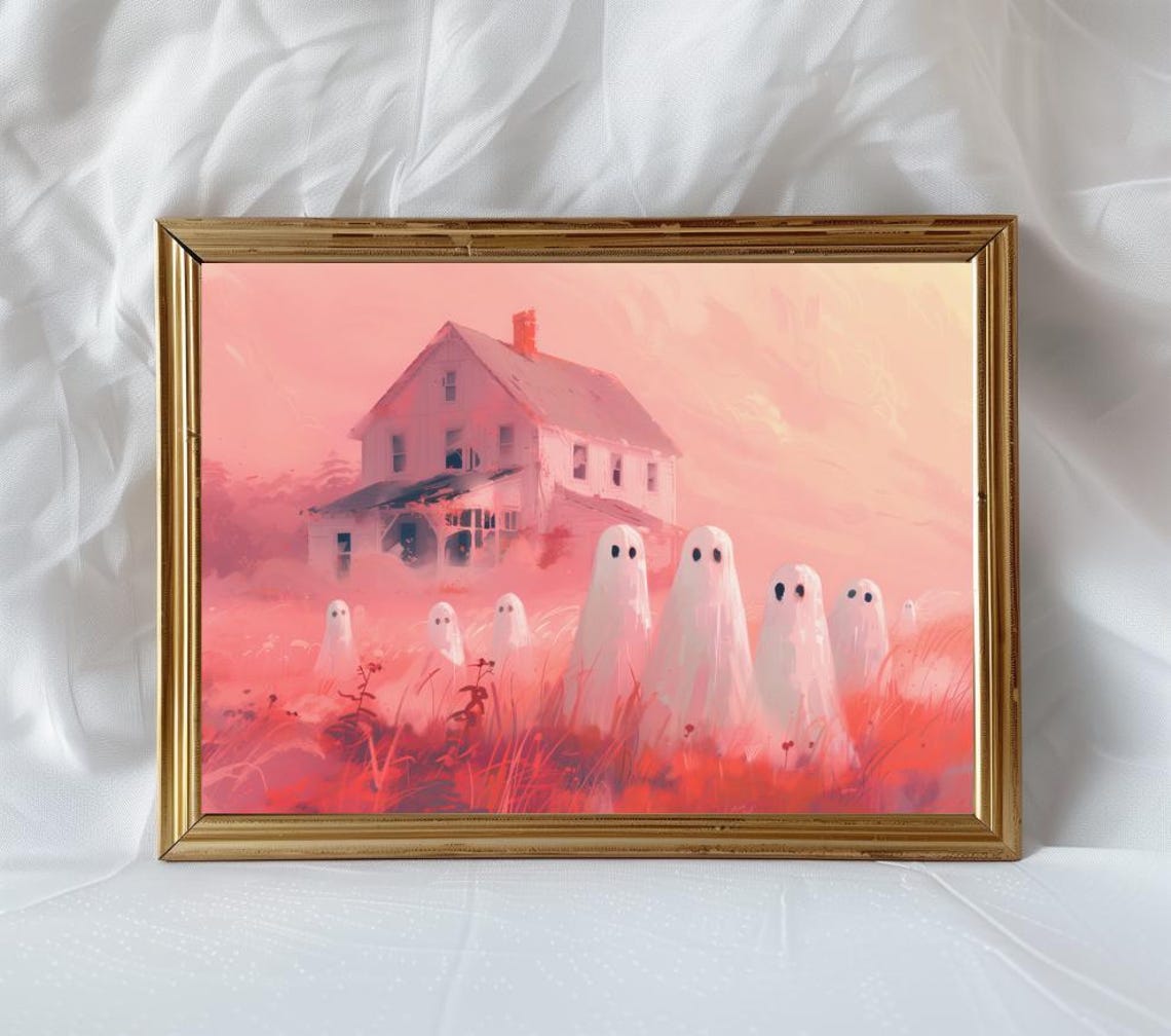 Pink Haunted House Print Ghostly Wall Decor Halloween
