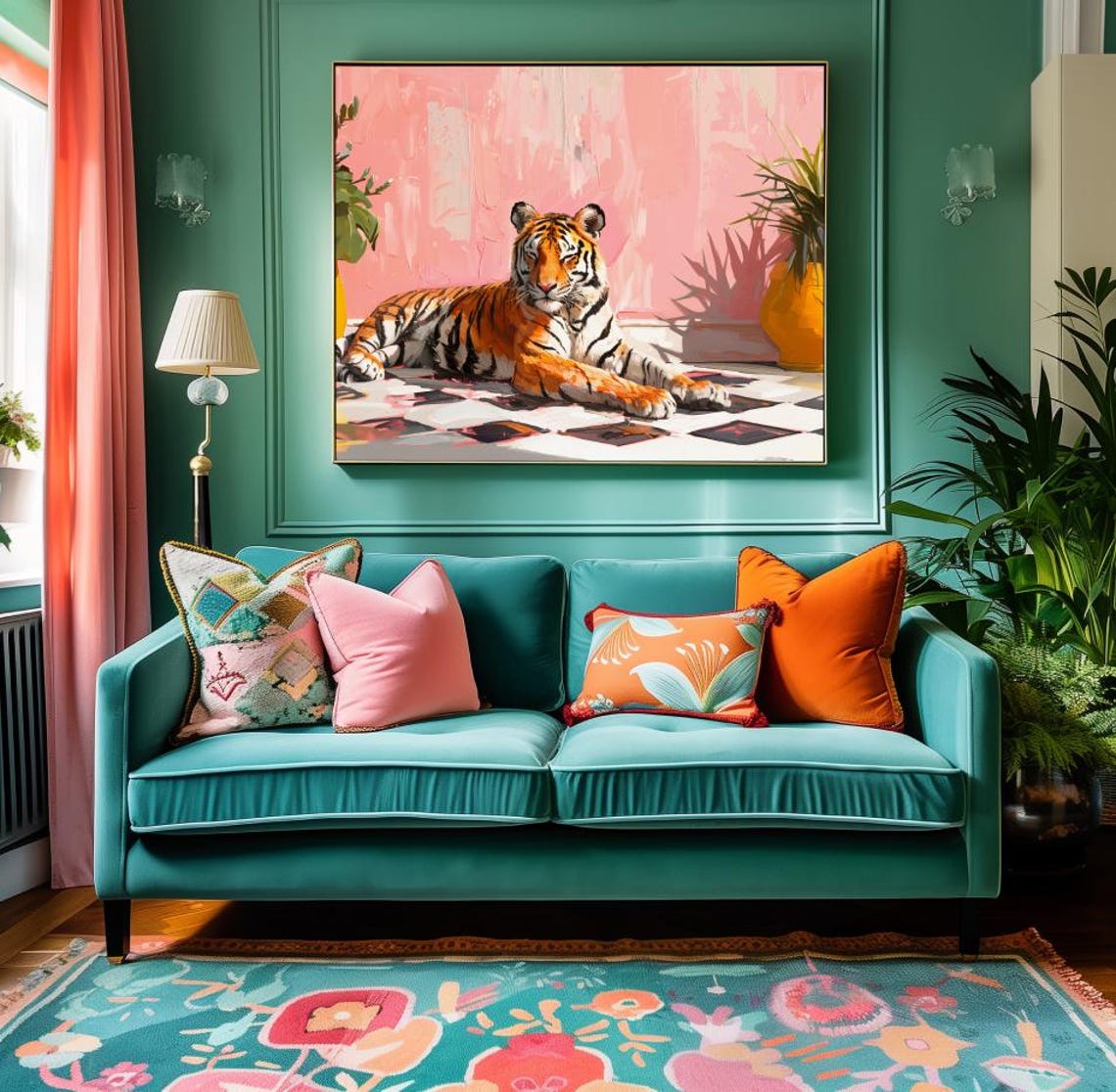 Colorful Tiger Acrylic Art Print Modern Summer Maximalist Wall Tropical Room Decor