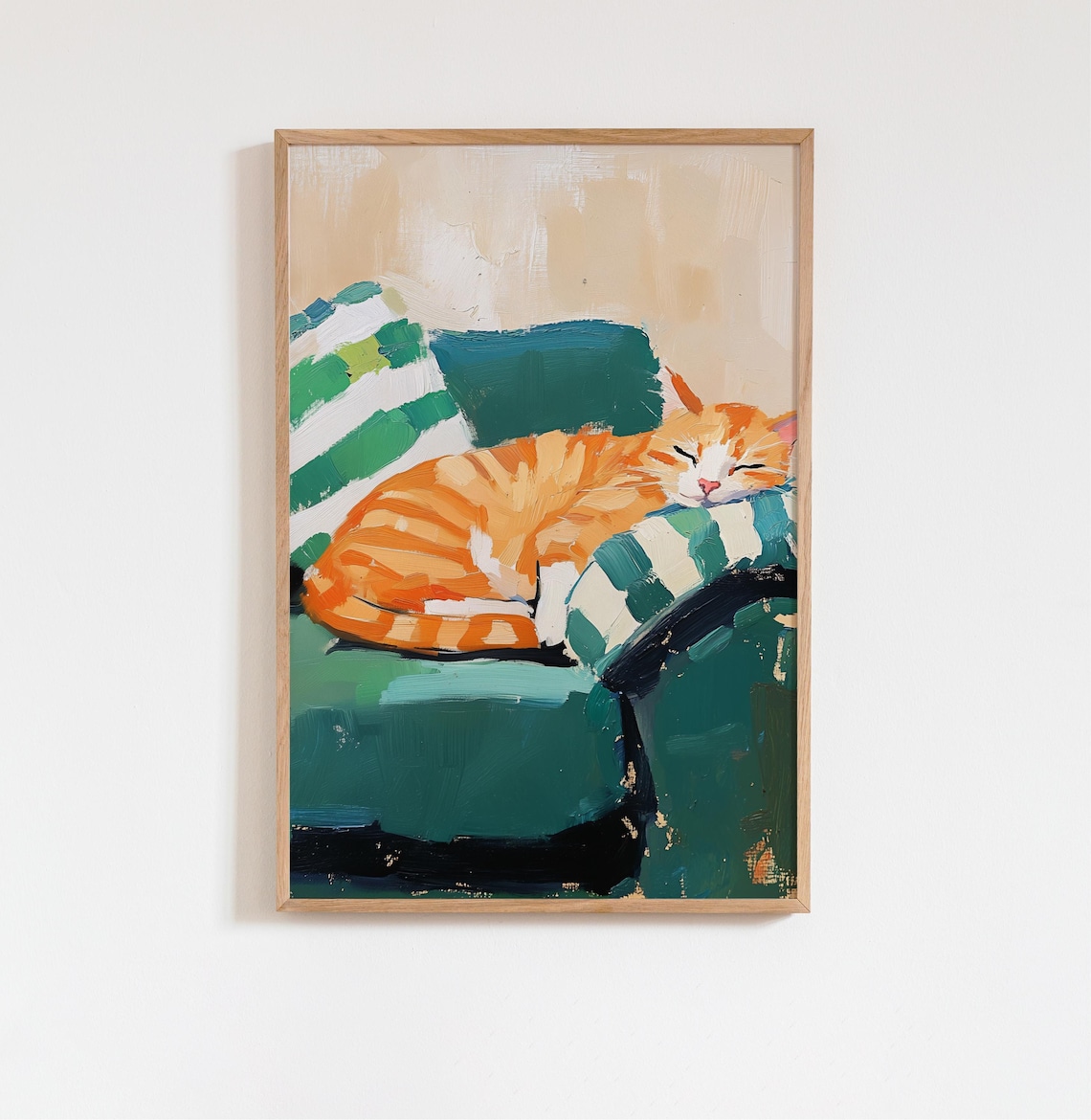 Sleeping Orange Tabby Cat On Green Sofa Oil Painting Art Poster
