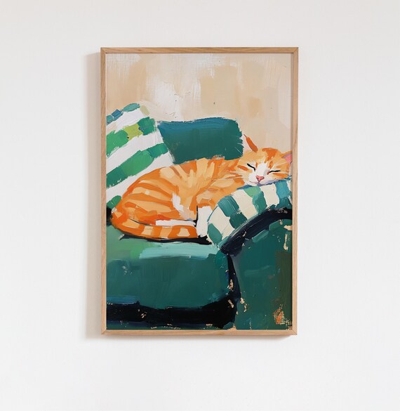 Sleeping Orange Tabby Cat On Green Sofa Oil Painting Art Poster