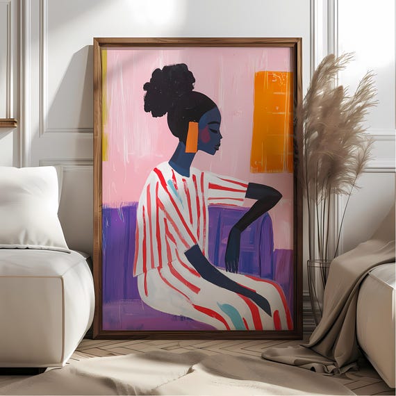 Colorful Purple Abstract People Art Mid Century Poster African Wall Vibrant Modern Stripe Interior Decor
