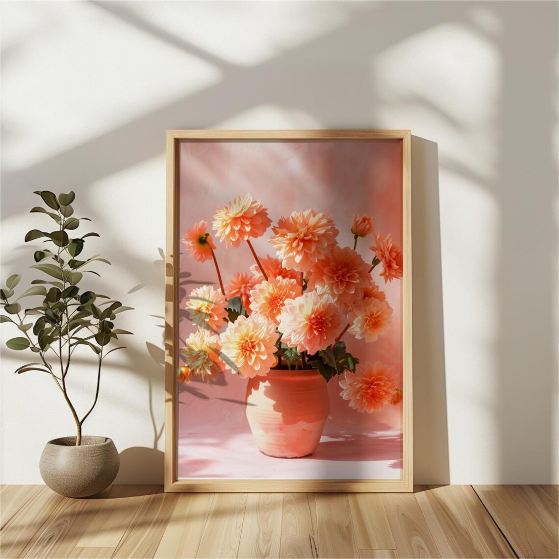 Peach Dahlia Bouquet in Terracotta Vase Soft Pink Floral Poster