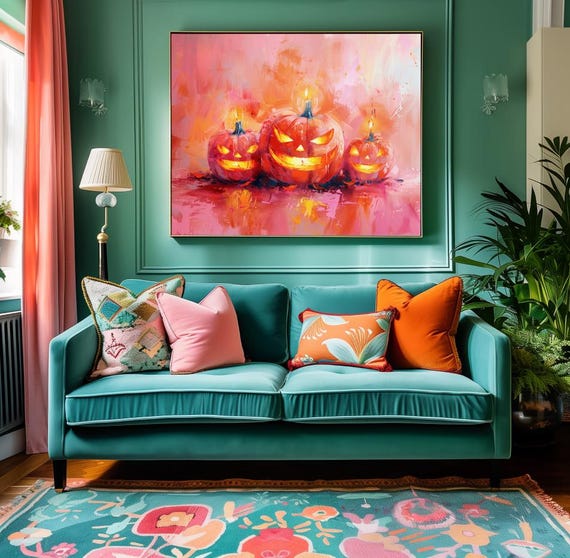 Three Cute Pumpkins Art Print Poster Pink Halloween Wall Decor Jackolantern Instant