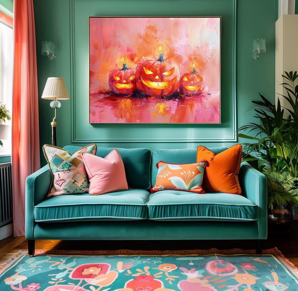 Three Cute Pumpkins Art Print Poster Pink Halloween Wall Decor Jackolantern Instant