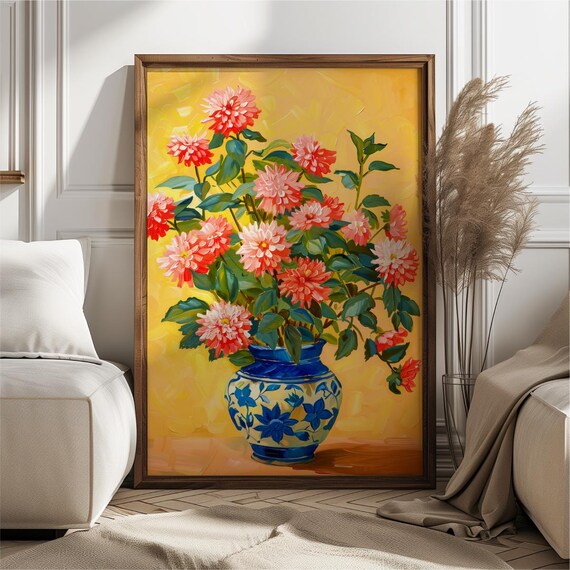 Pink Dahlia Bouquet in Blue Porcelain Vase Sunny Floral Poster