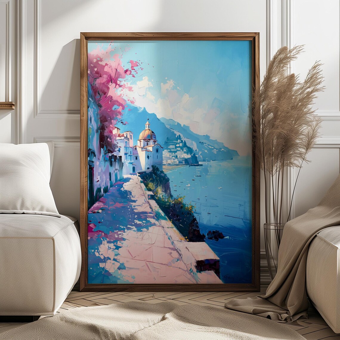 Positano Amalfi Coast Cliffside Church Vibrant Italy Travel Poster