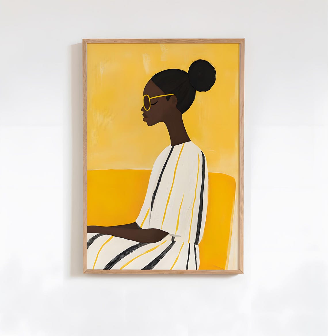 Yellow Abstract Woman In Stripes Sunglasses Modern Art Poster