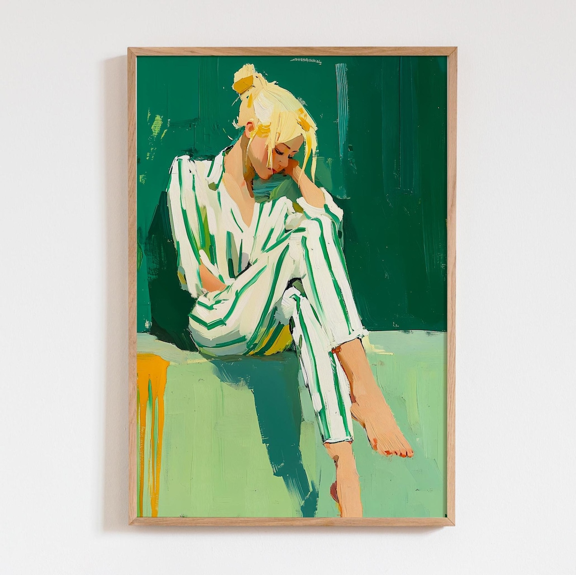 Blonde Woman Striped Pajamas Contemplative Portrait Green Wall Art