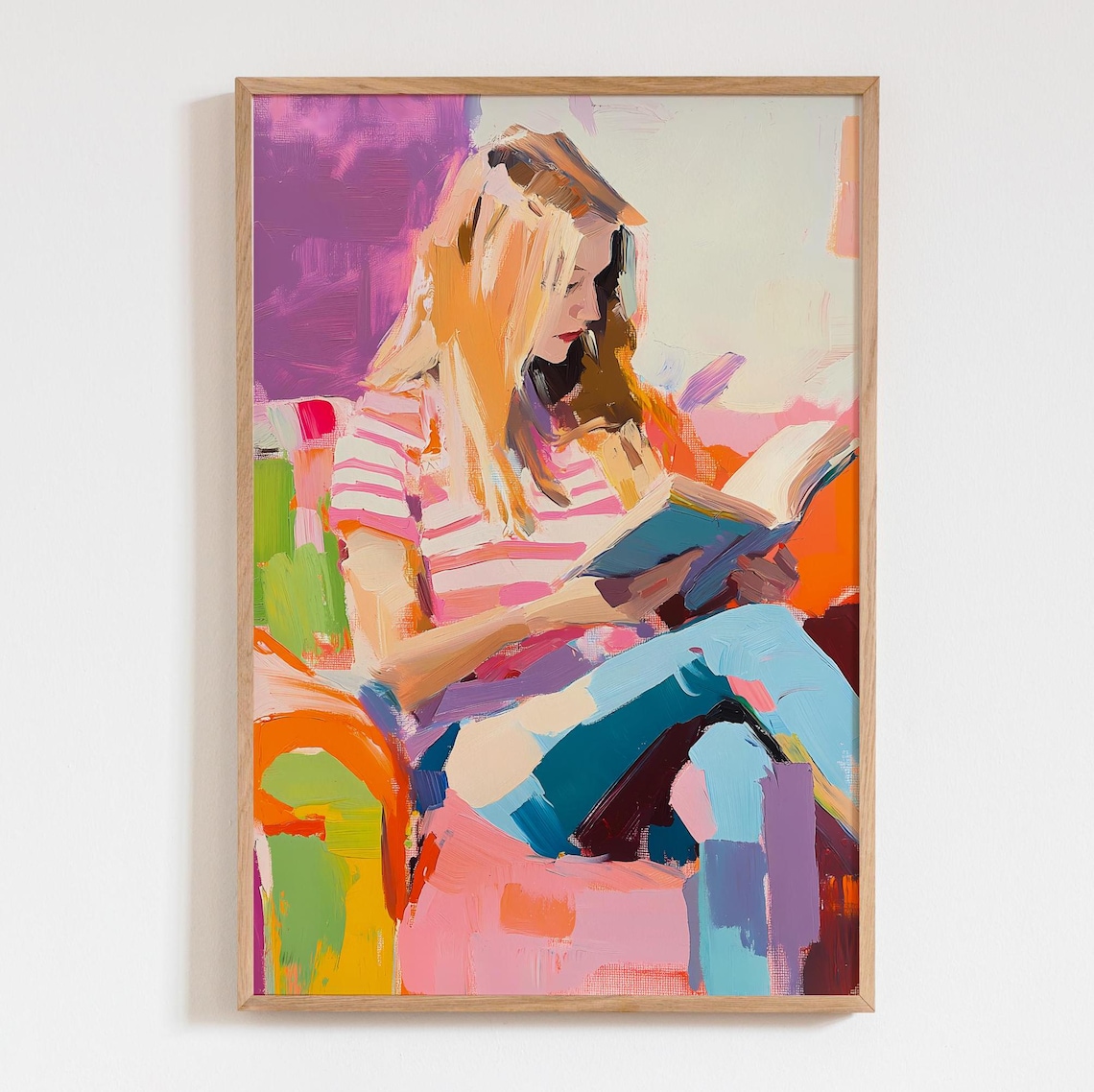 Blonde Woman Reading Book Pink Acrylic Abstract Painting Poster