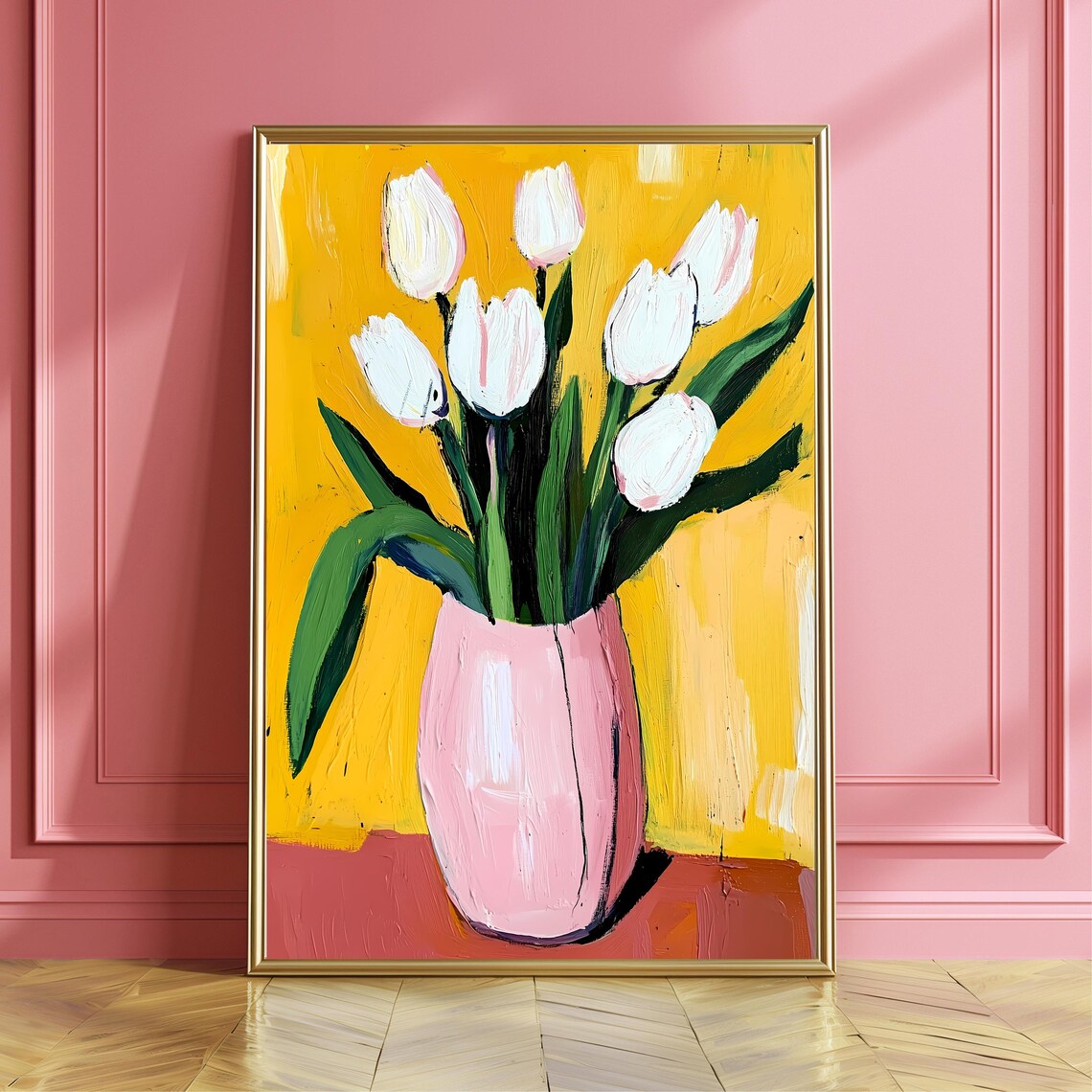 White Tulips in Pink Vase, Bold Minimalist Art Print