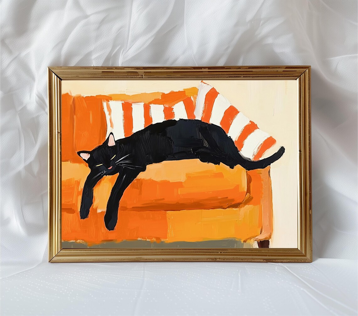 Black Cat On Orange Couch Minimalist Art Print