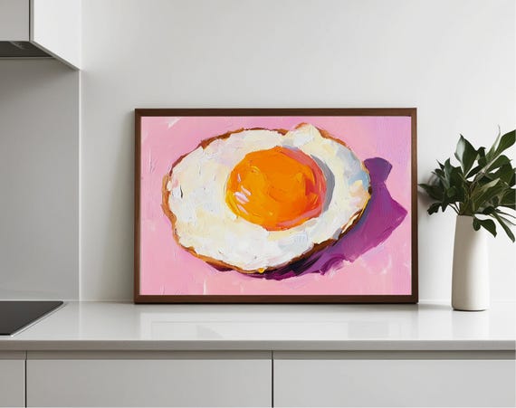 Fried Egg Acrylic Still Life Poster Pink Kitchen Wall Art Bar Cart Decor Restaurant Print Food Dining Room