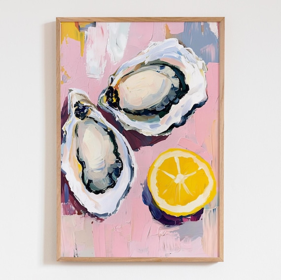 Oysters And Lemon Slice Acrylic Painting Pink Kitchen Seafood Art Poster
