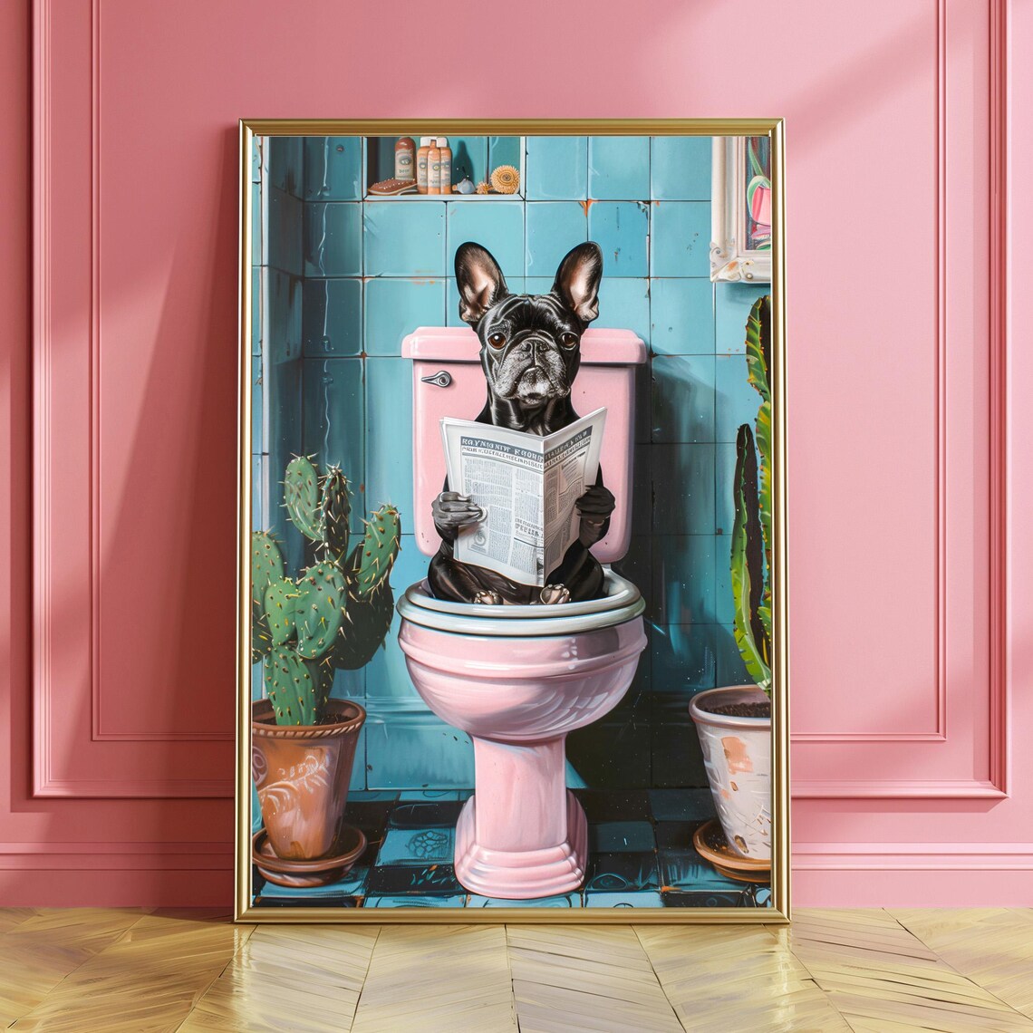 Black French Bulldog Reading Newspaper On Pink Toilet Art Poster