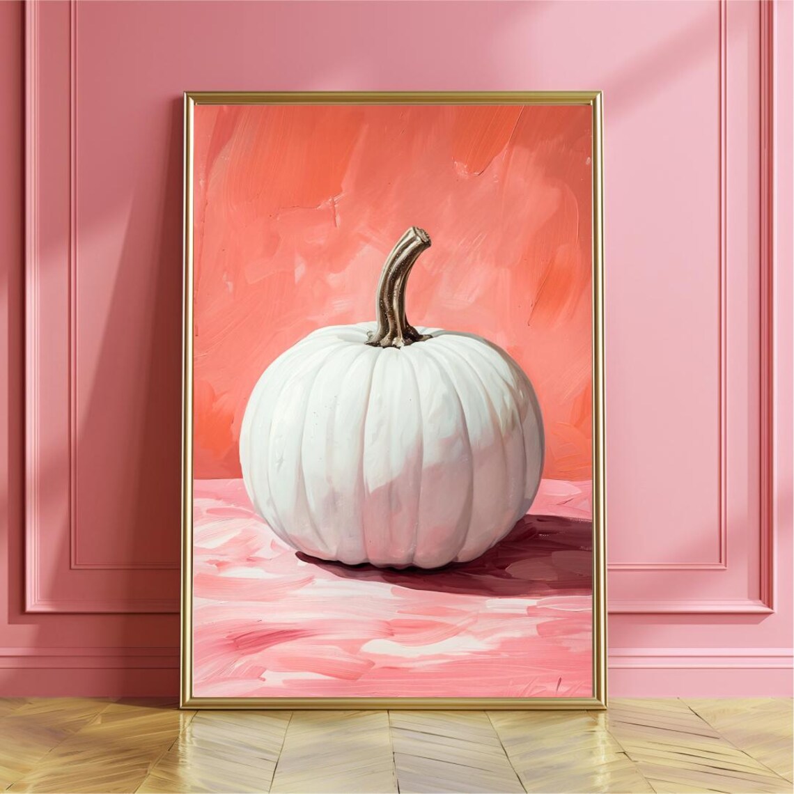 White Pumpkin Pink Fall Kitchen Autumn Decor Oil Painting Style Poster