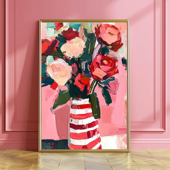 Red Roses Impasto Bouquet Red Striped Vase Bold Floral Poster