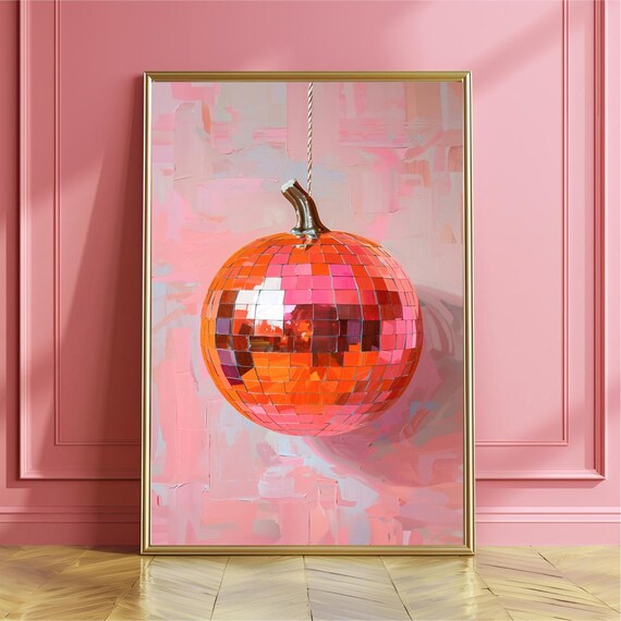 Festive Disco Ball Pumpkin With Mirror Tiles Pink Party Poster