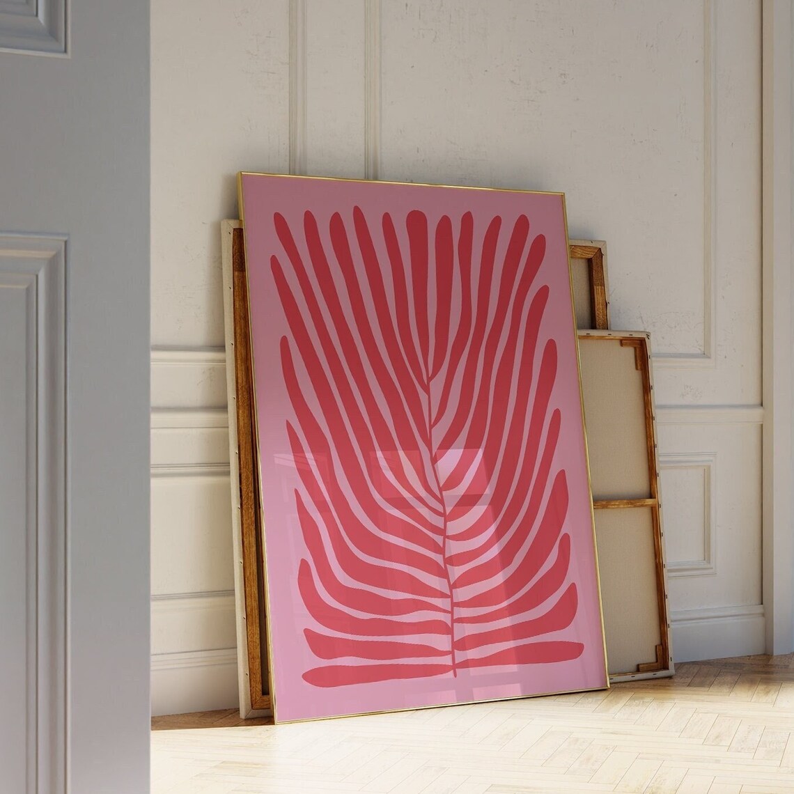 Red Fern Botanical Abstract Coral Pink Organic Modern Art Poster