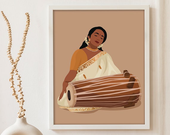 Indian Woman Playing Mridangam Wall Art Desi Art South Indian South Asian Print Musical Instrument Decor Tamil Girl Gift For Musician