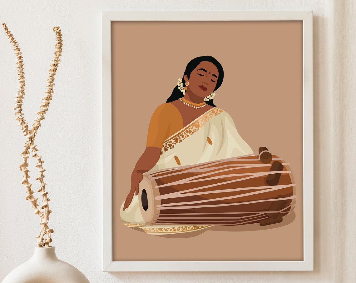 Indian Woman Playing Mridangam Wall Art Desi Art South Indian South Asian Print Musical Instrument Decor Tamil Girl Gift For Musician