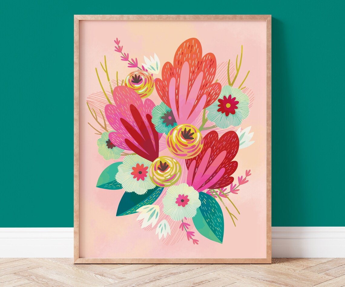Colorful Flower Print, Pink and Red Botanical Art