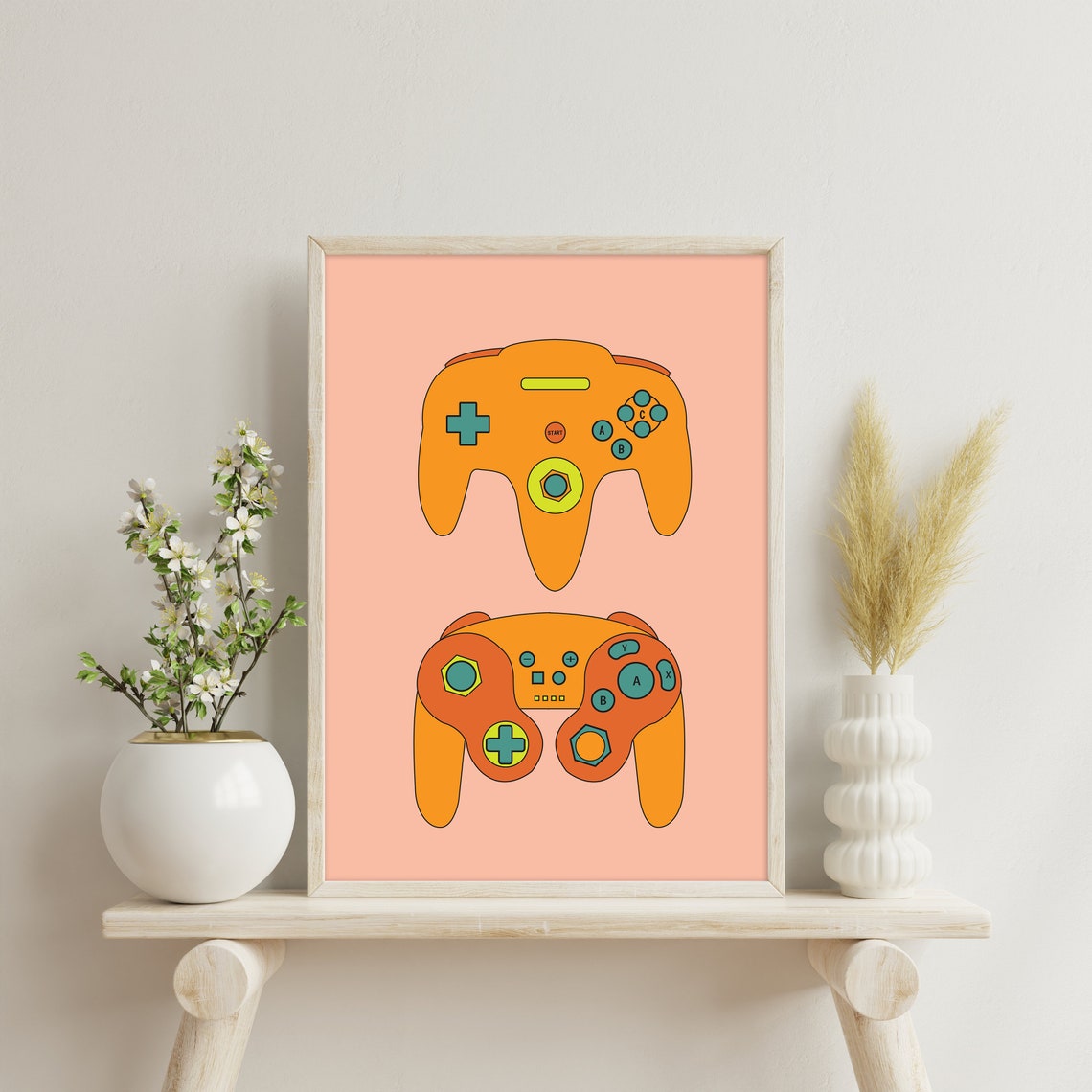 Orange Retro Game Controllers Duo Peach Pop Art Gaming Room Print