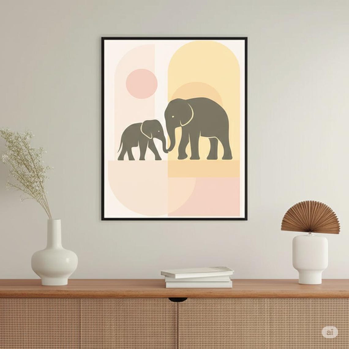 Arte Animal Minimalista Bohemio Impresin Moderna De Familia Elefantes Decoracin Beige Neutra Descarga Pared Contempornea