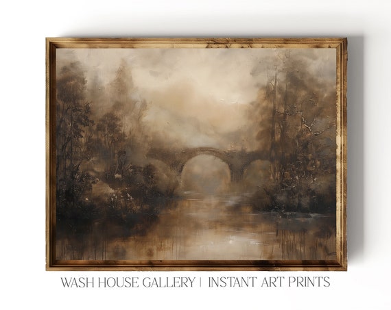 Brown Tone Wall Art Moody Brown Wall Art Moody Bridge Oil Painting Print Dark Cottagecore Wall Art Abstract Oil Painting Bridge