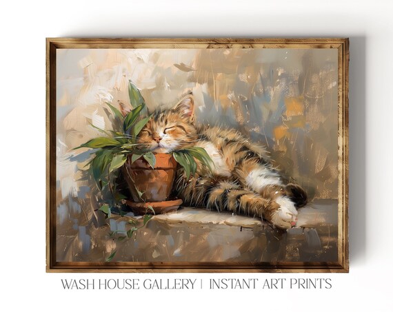 Sleeping Tabby Cat Beside Potted Plant Impressionist Cat Art Poster