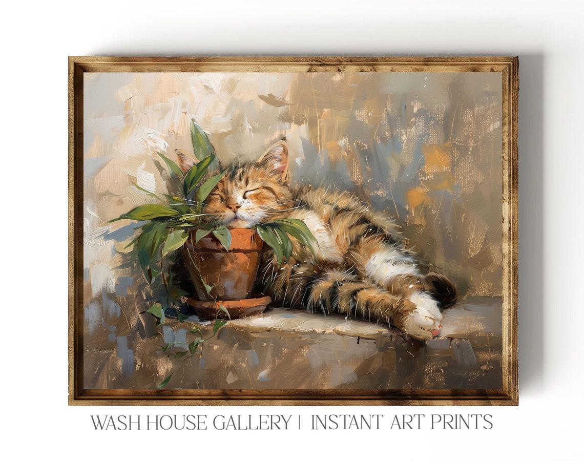 Sleeping Tabby Cat Beside Potted Plant Impressionist Cat Art Poster