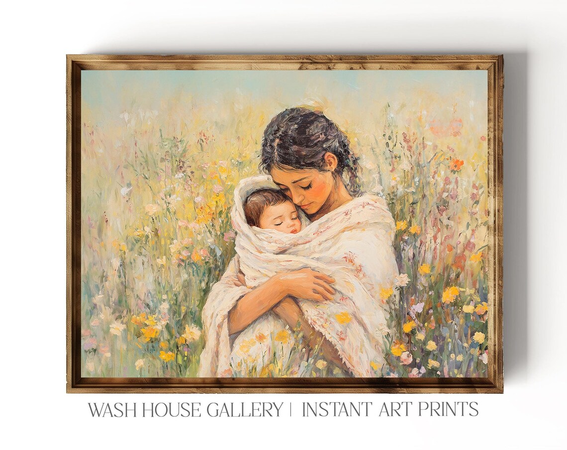 Mother Tenderly Holding Newborn in Wildflower Meadow Art Poster