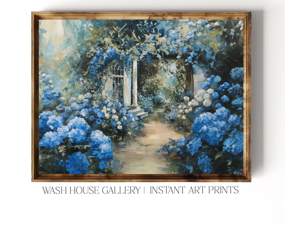Blue Hydrangea Garden Path With Arched Doorway Impressionist Poster