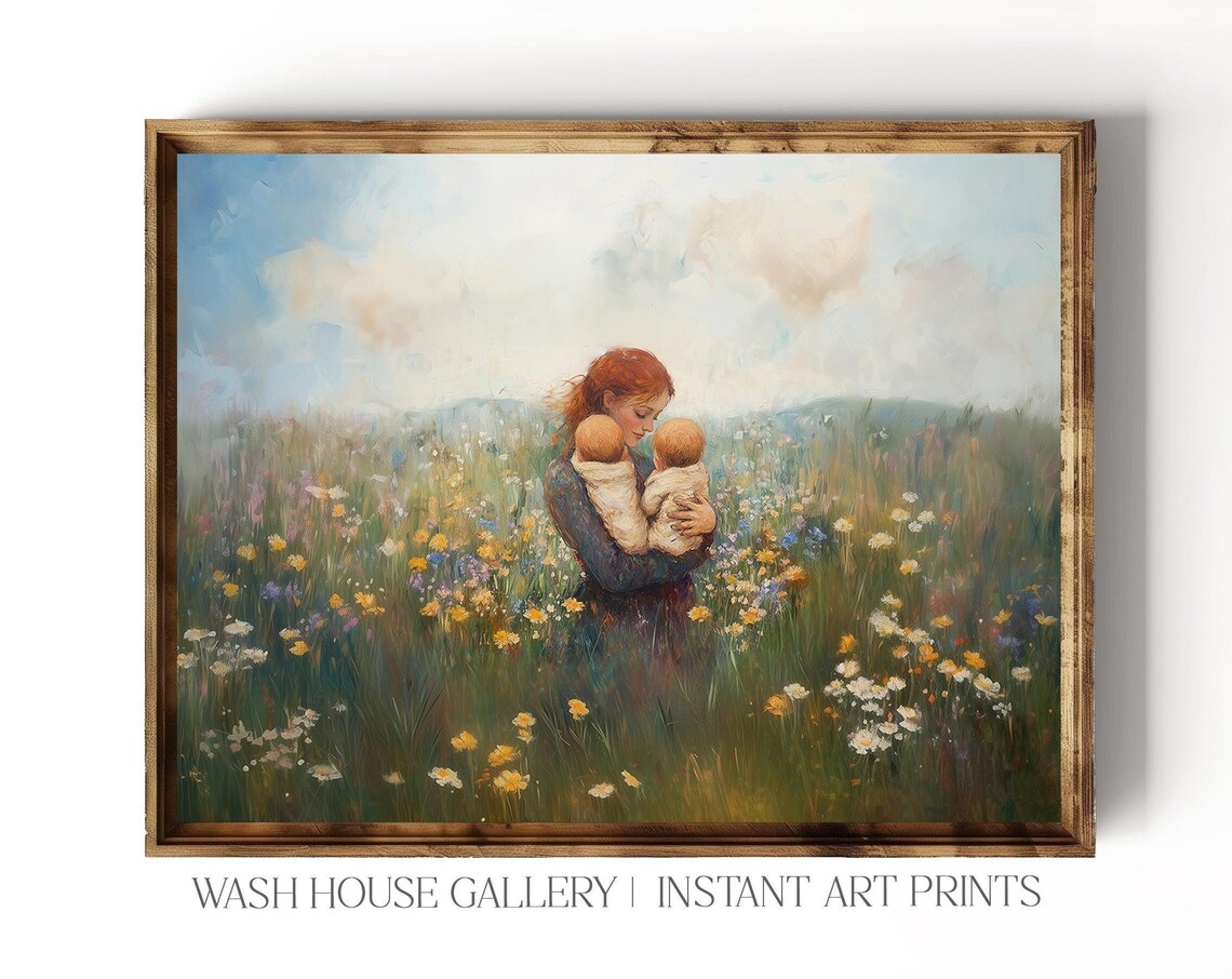 Mother Cradling Twin Babies in a Wildflower Meadow Art Poster