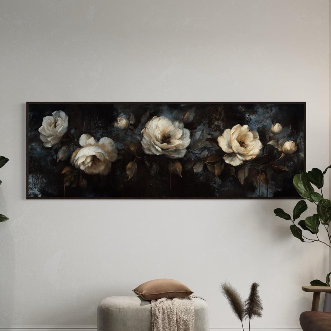 Moody White Floral Panoramic Dark Botanical Elegant Neutral Art Poster
