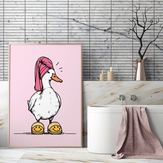 Cute Bathroom Duck Poster Pink Yellow Retro Wall Art In Towel Preppy Dorm Decor Funny It Girl