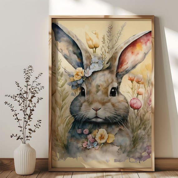Vintage Watercolor Easter Bunny Poster Flower Style Oil Paint Effect Modern Retro Print Wall Art For Home Decor