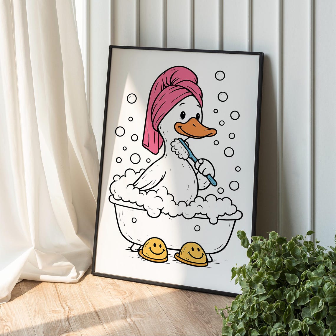 Cute Duck Bubble Bath Bathroom Funny Cartoon Blue Retro Dorm Wall Art