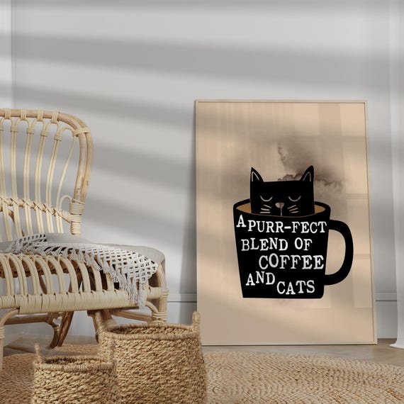 Black Cat Coffee Poster Retro Kitchen Wall Art Morning Print Funny And Decor Lover Gift More