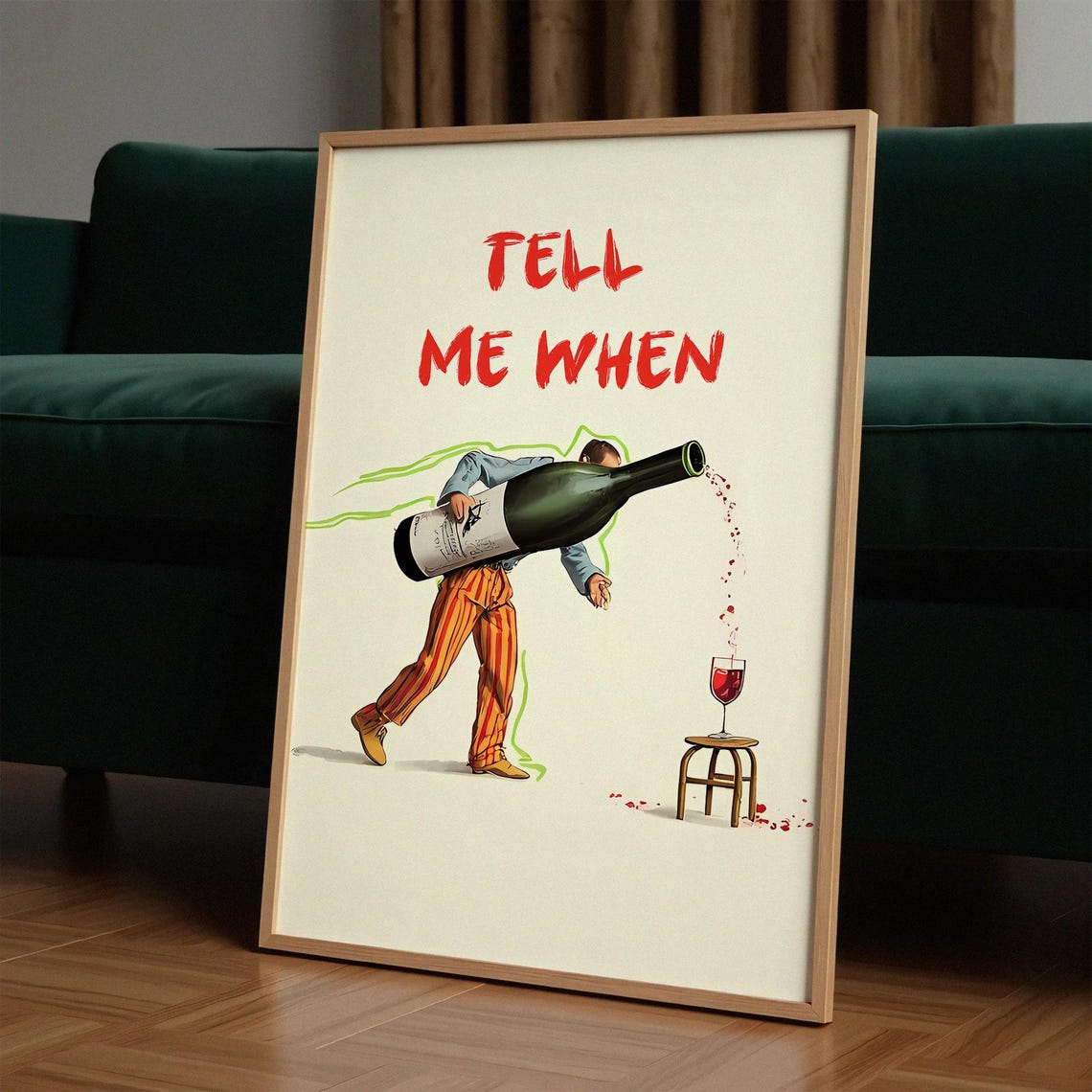 Tell Me When Print Kitchen Decor Wine Lover Gift Retro Bar Cart Dining Room Wall Vintage Cartoon Art