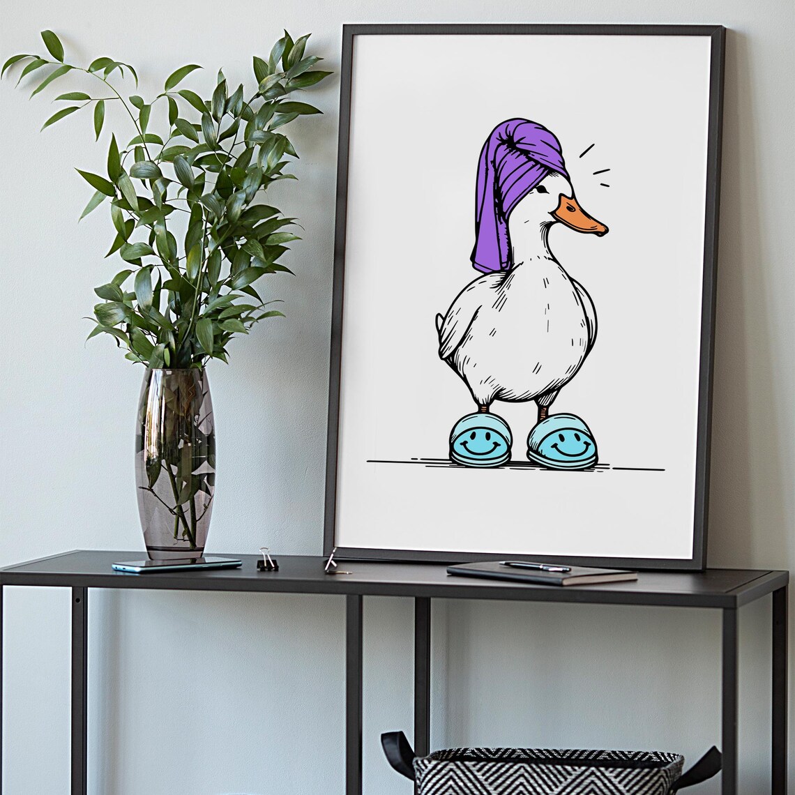 Funny Spa Day Duck with Purple Towel and Slippers Bathroom Poster