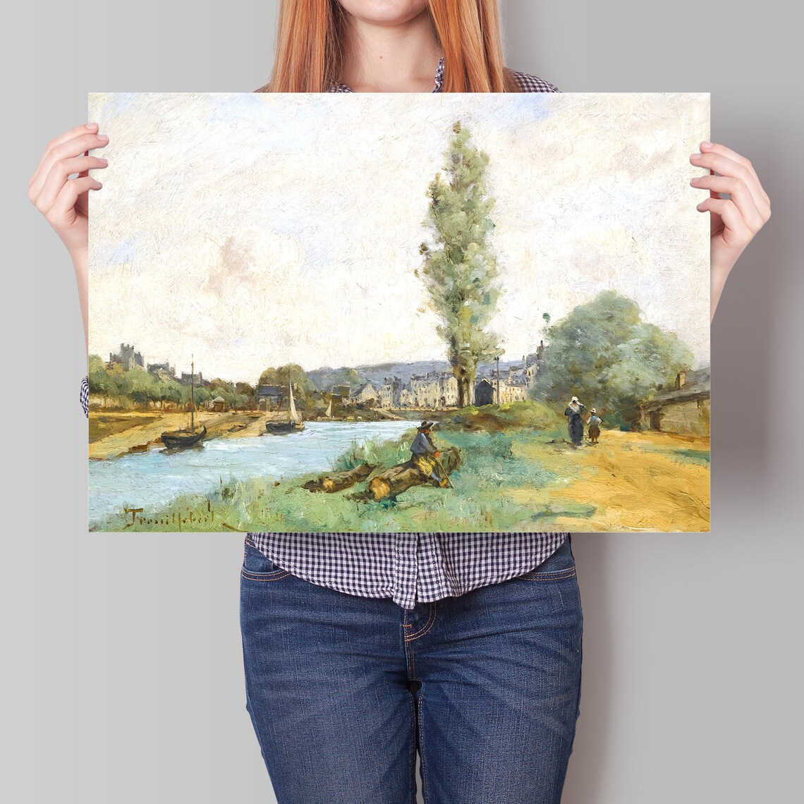 Vintage Oil Painting Riverside Town Sailboats Tall Poplar Art Poster - Image 4