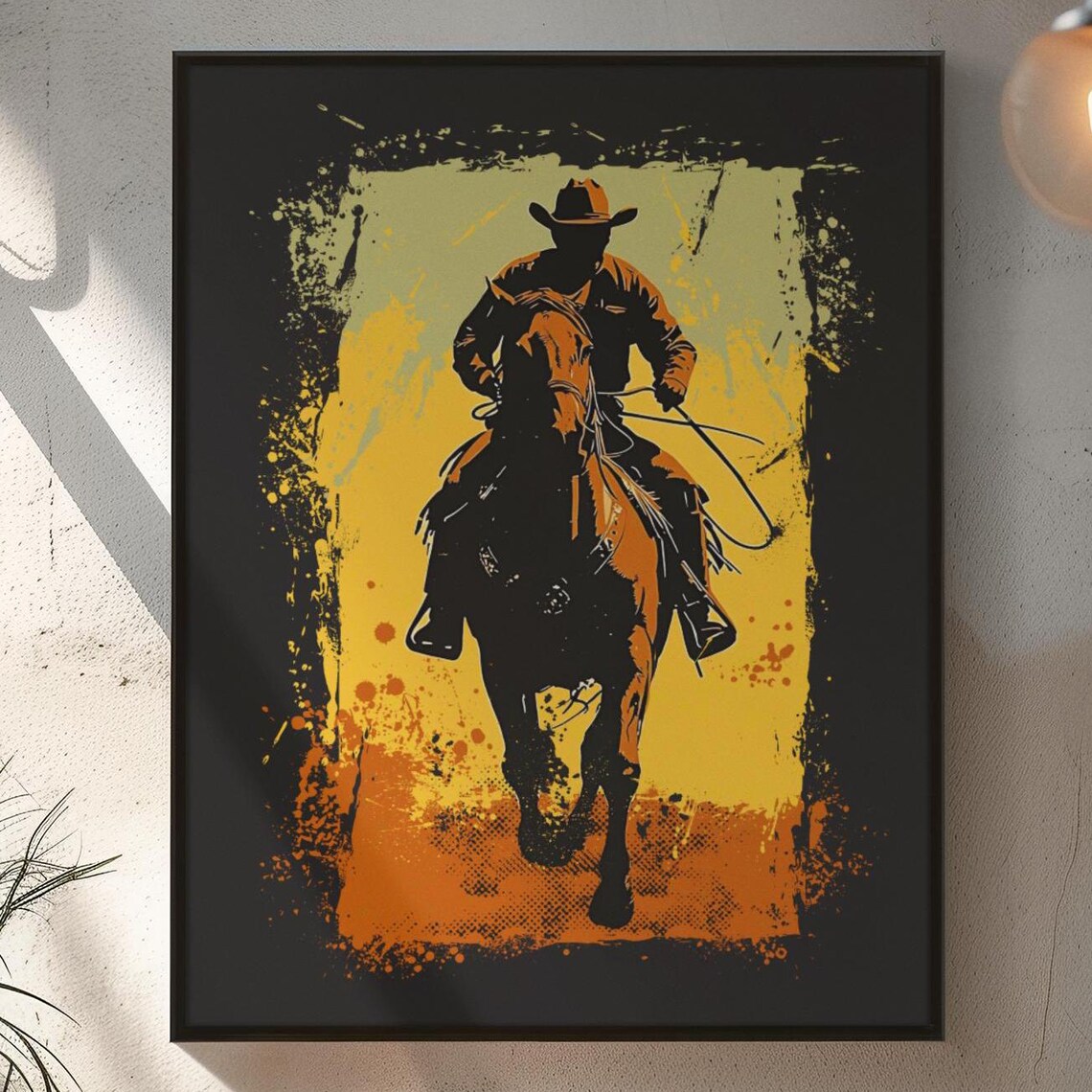 Cowboy Riding Into Golden Sunset Silhouette Western Grunge Poster