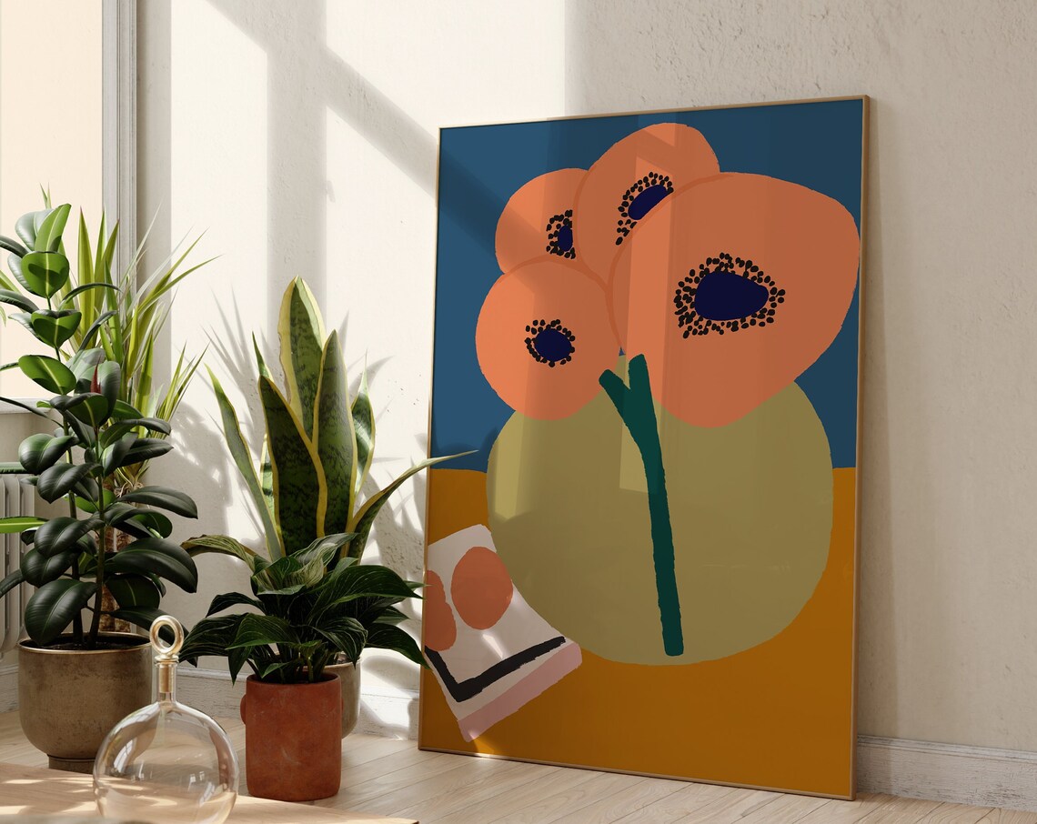 Bold Coral Poppy Abstract Flowers On Blue Decorative Art Poster