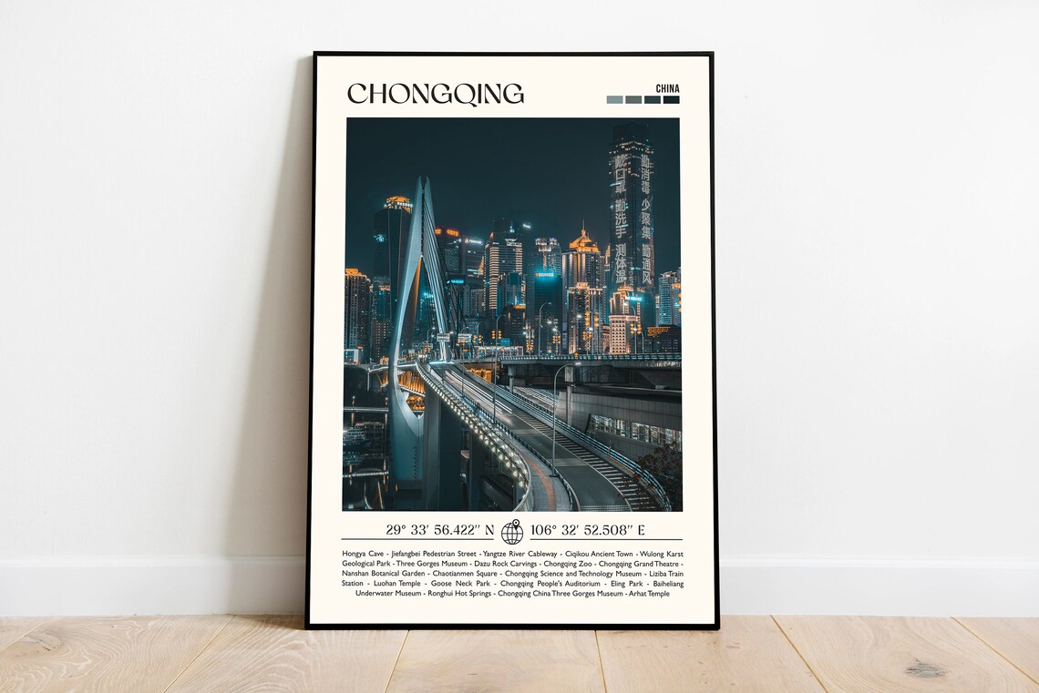Chongqing China Night Highway Bridge Skyline Photo Travel Poster
