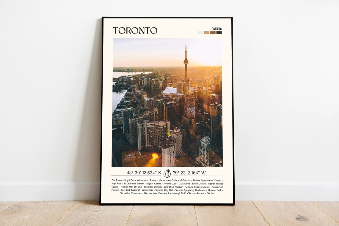 Toronto Canada Sunset Skyline CN Tower Photo Travel Poster With Sights List