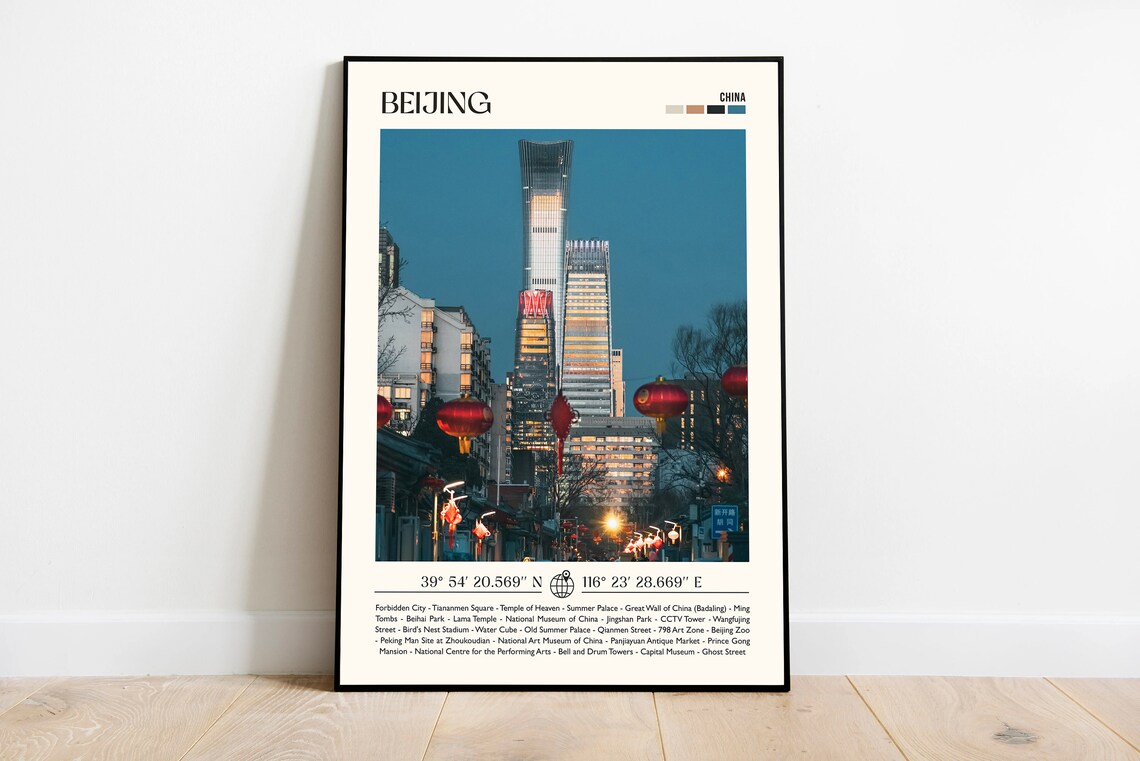 Beijing China Red Lantern Street Night Skyline Travel Poster